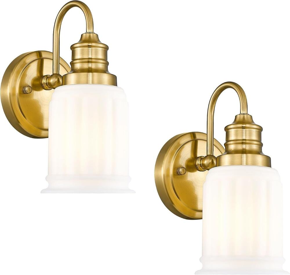 Set of 2 Brushed Gold Bathroom Wall Sconces Frosted Glass Vanity Lights
